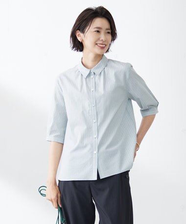  【洗える】BEZ空羽ストライプ シャツカラー ブラウス