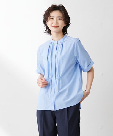  【洗える】APESCO ストライプ バンドカラー ブラウス