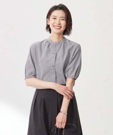 J.PRESS LADIES 【洗える】バイカラーギンガムタンブラー スタンドカラー ブラウス