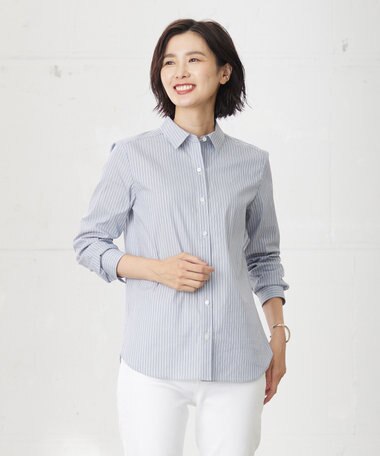  【洗える】BEZ C/Ny ドビーストライプ シャツカラー ブラウス