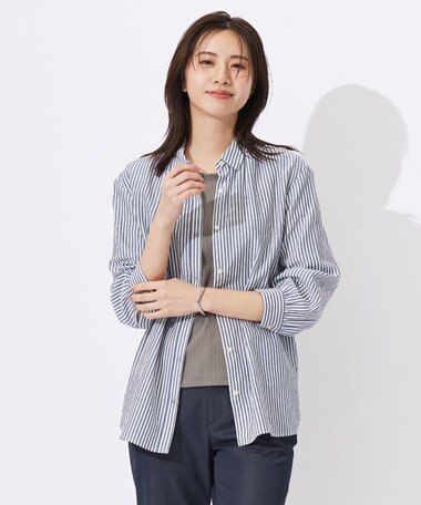 J.PRESS LADIES 【洗える】コットンアセVis ストライプ シャツカラー ブラウス