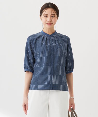J.PRESS LADIES 【洗える】ブロックドットプリント バンドカラー ブラウス