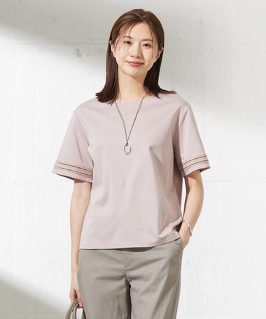 J.PRESS LADIES 【接触冷感】コットンスムース 刺繍スリーブ カットソー