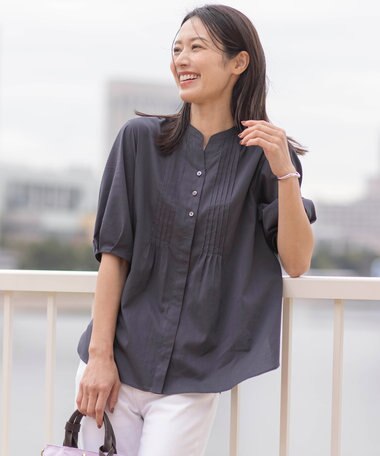  【洗える】ラミーポプリン 前開き ブラウス