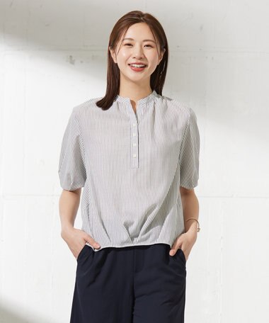 J.PRESS LADIES 【洗える】ドビー強撚ストライプ コクーンシルエット ブラウス