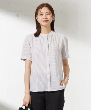 J.PRESS LADIES 【洗える】ドビー強撚ストライプ 前開き ブラウス