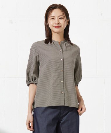 J.PRESS LADIES 【洗える】バイカラーギンガム&ストライプ ブラウス