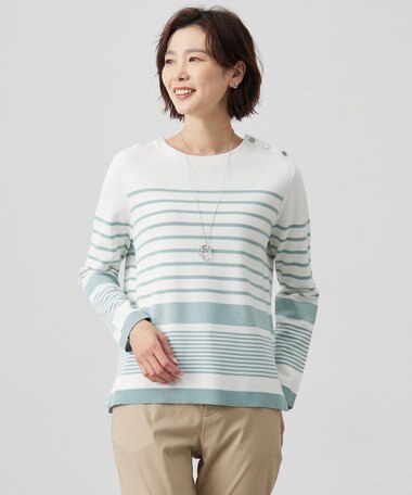 J.PRESS LADIES L 【洗える】Cotton Acetate パネルボーダー プルオーバー ニット