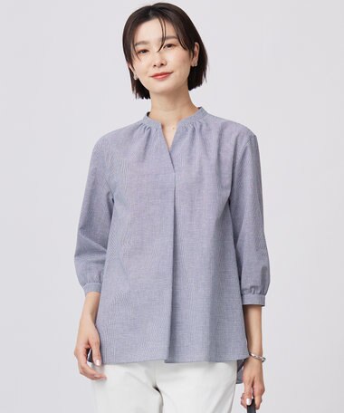 J.PRESS LADIES 【洗える】リネンminiチェック バンドカラー プルオーバー ブラウス