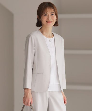 J.PRESS LADIES 【セットアップ対応・洗える・UVケア・吸水速乾】OXIJEWELストレッチ ノーカラー ジャケット