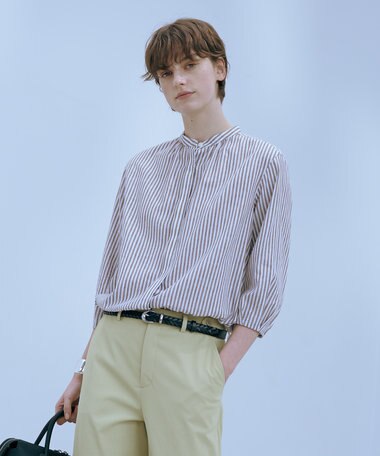 J.PRESS LADIES 【洗える・接触冷感・吸水速乾】麻STRIPE バンドカラー シャツ ブラウス