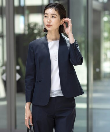 J.PRESS LADIES 【セットアップ対応・洗える・撥水】コットンFITTY ノーカラー ジャケット