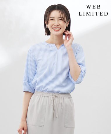 J.PRESS LADIES 【WEB限定・洗える】ストライプ キーネック ブラウス