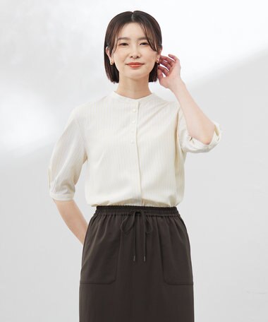 J.PRESS LADIES 【洗える】ストライプ バンドカラー ブラウス