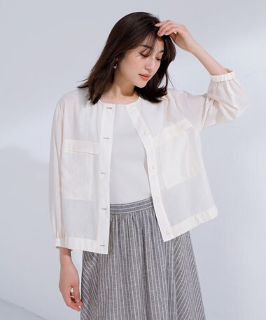  【洗える】Sheer Vis リネン ノーカラー ブルゾン