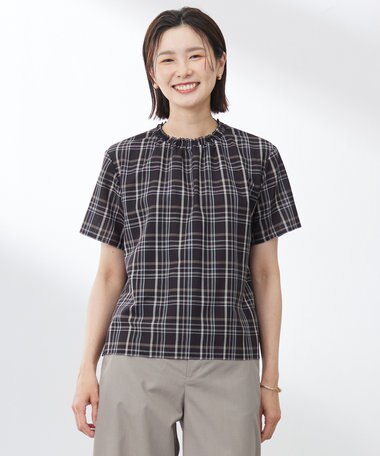  【洗える】シアーストライプ＆チェック ブラウスライク カットソー