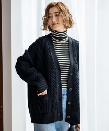 23区 【洗える】ウールカシミヤ アランパターン カーディガン