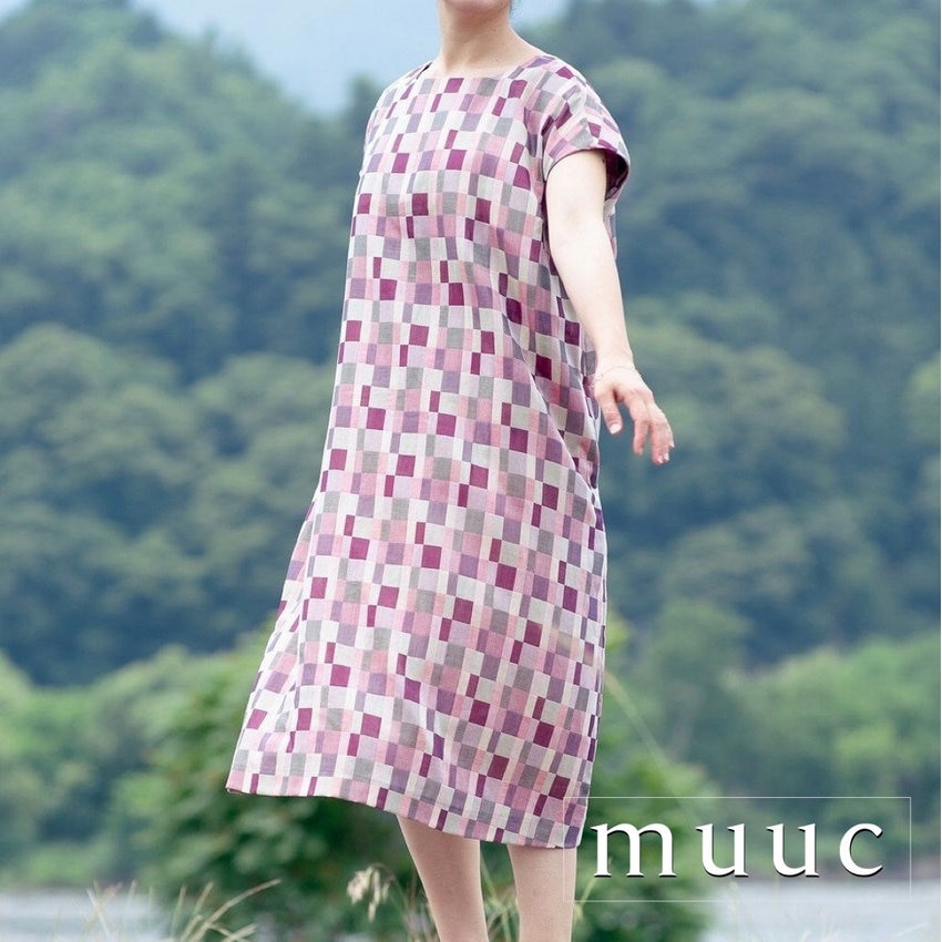 【在庫残りわずかです!!】ゆとりたっぷりのデザイン「遠州織物の格子柄ワンピースドレス」※ピンクのみ在庫あり