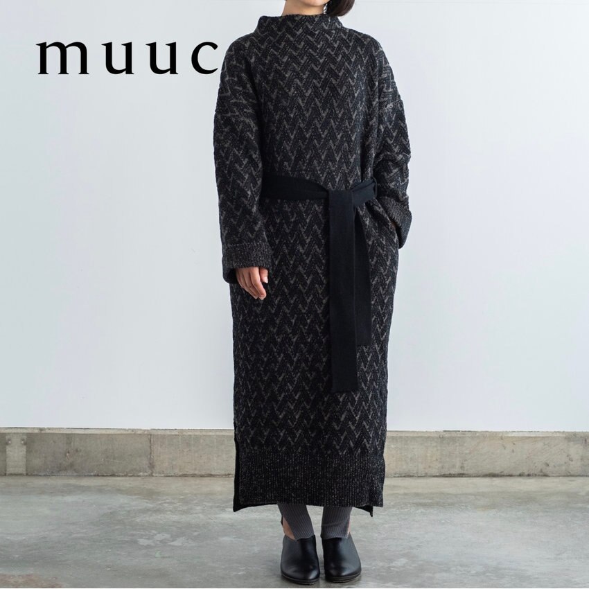 【ブラック再入荷!!】ゆとりたっぷりで肉厚なのに軽い着心地「カシミヤラムウールバスケット柄のニットワンピース」