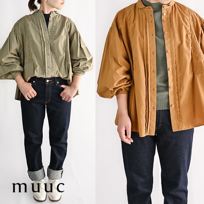 【温度調節が難しい時期も垢抜け◎】ボリューム袖に繊細な刺繍のブラウスと、国産デニムのストレートパンツで甘辛コーディネート