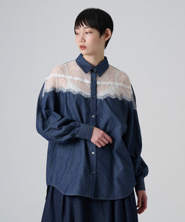 Ripo trenta anni 【洗える/デニム×レース】LACE YOKE DOLMAN BL デニムブラウス