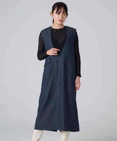 Ripo trenta anni 【洗える/デニムジャガード】V-NECK DOTS DENIM DRESS デニムワンピース