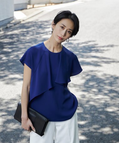  【接触冷感・UVケア・防シワ・洗える】エステルダブルクロス  ラッフルデザインブラウス