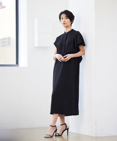  【接触冷感・UVケア・防シワ・洗える】エステルダブルクロス ラッフルスリーブワンピース