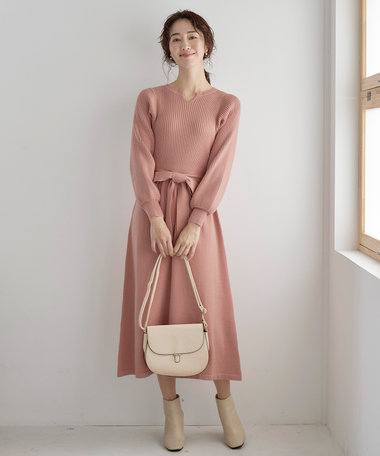 Tiaclasse 【洗える】パフ袖ニットワンピース