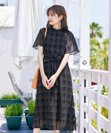 Tiaclasse 【新色追加・洗える】チェック柄フレア袖シアーワンピース