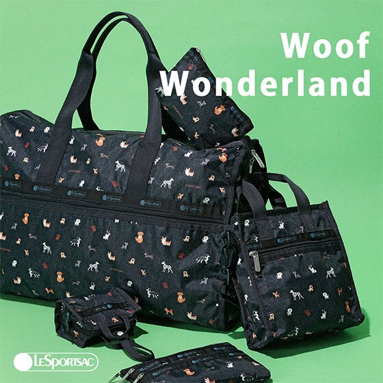 レスポートサック　犬柄ボストンバッグ　ウーフワンダーランド Woof Wonderland】12犬種のワンちゃんをピクセルアートで描いた総柄