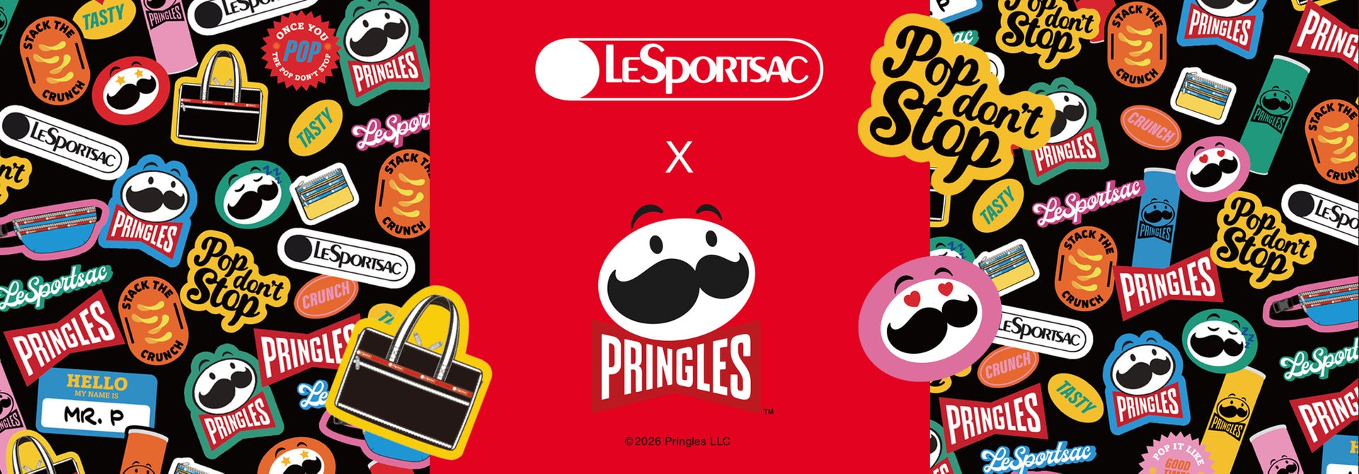 世界中で愛されているスナックブランド「Pringles（プリングルズ）」とのエネルギッシュなコラボレーションが登場。「Pringles」の缶パッケージやロゴ、フレーバーからインスピレーションを得たステッカー風プリントなど、アイコニックなモチーフを活かしたポップでカラフルなデザインをラインナップ。