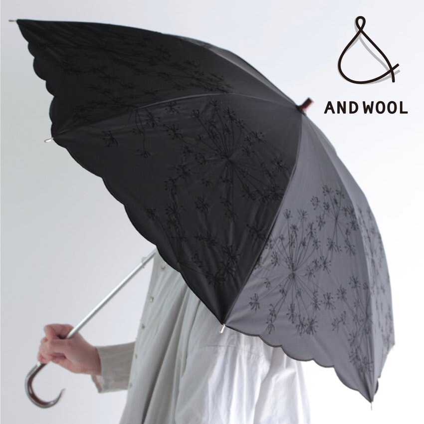 【1級遮光生地使用 晴雨兼用日傘】ブラックの生地にブラックの刺繍で「フェンネルのかわいらしい花」を表現