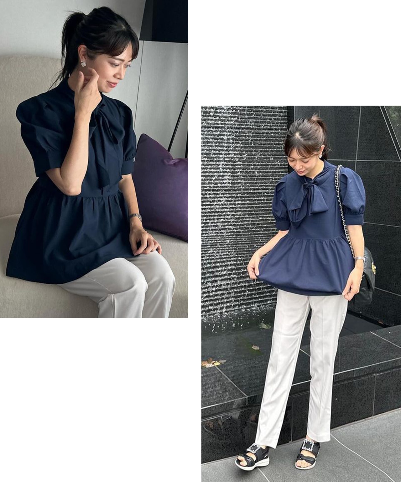 【洗える】ペプラム ボウタイブラウス