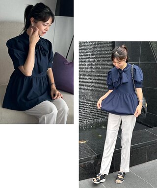 【洗える】ペプラム ボウタイブラウス