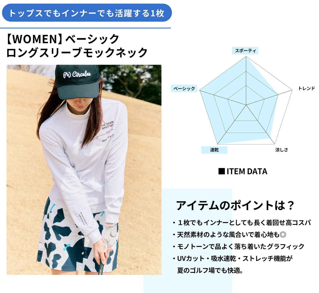 PWCIRCULUS,ピーダブ,PW,ゴルフウェア,ベーシック,吸水速乾,メッシュ,ゴルフトップス,モックネック,WOMENS,2026春夏,新作ウェア,機能性