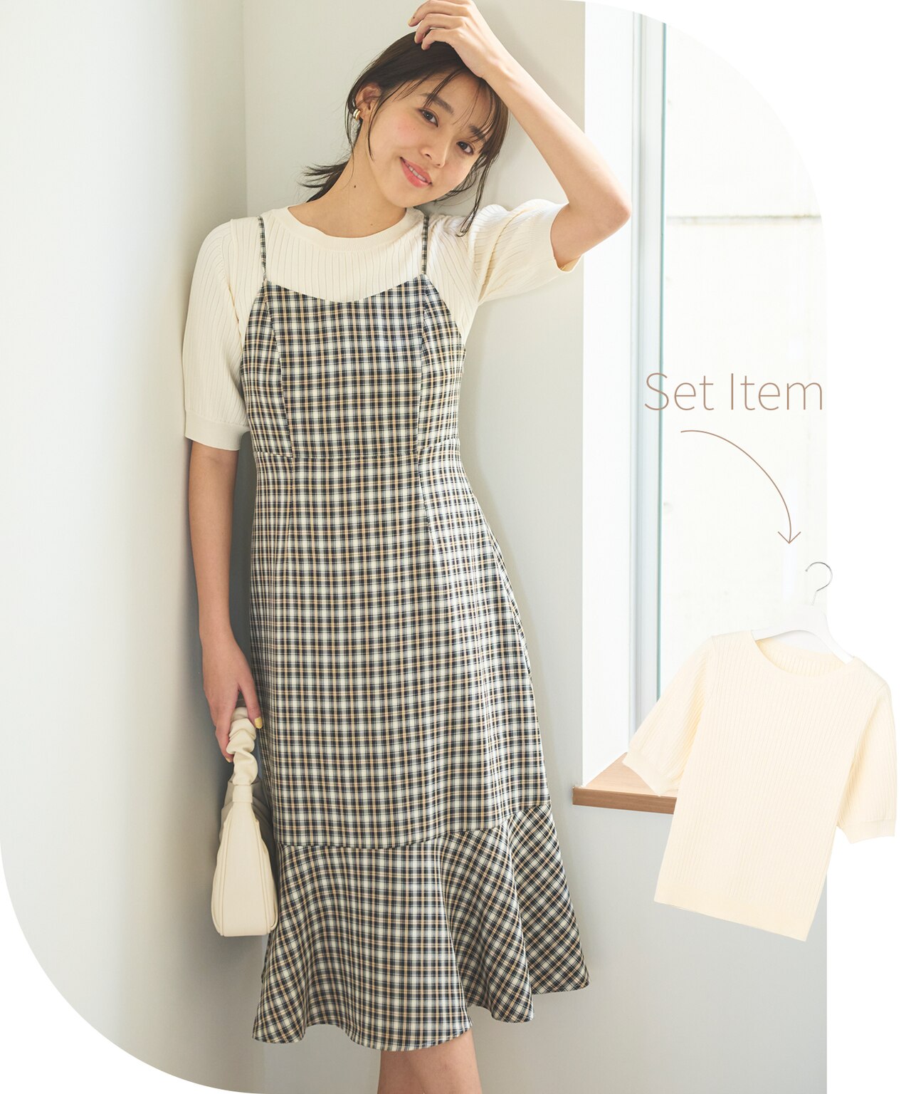 【セットアイテム】パフスリーブニット×キャミソール ワンピース