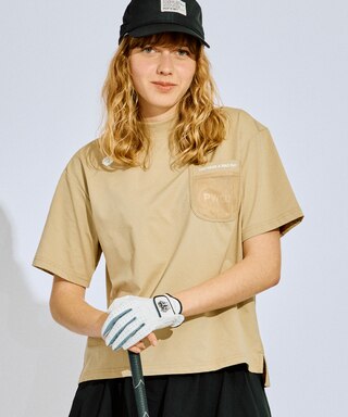 PWCIRCULUS,ピーダブ,PW,ゴルフウエア,WOMENS,ゴルフ,速乾,UV,ストレッチ,コットンライク,天然素材見え,KHPQGM0518,メッシュポケット,涼しいウェア,モデル着用,ベージュ