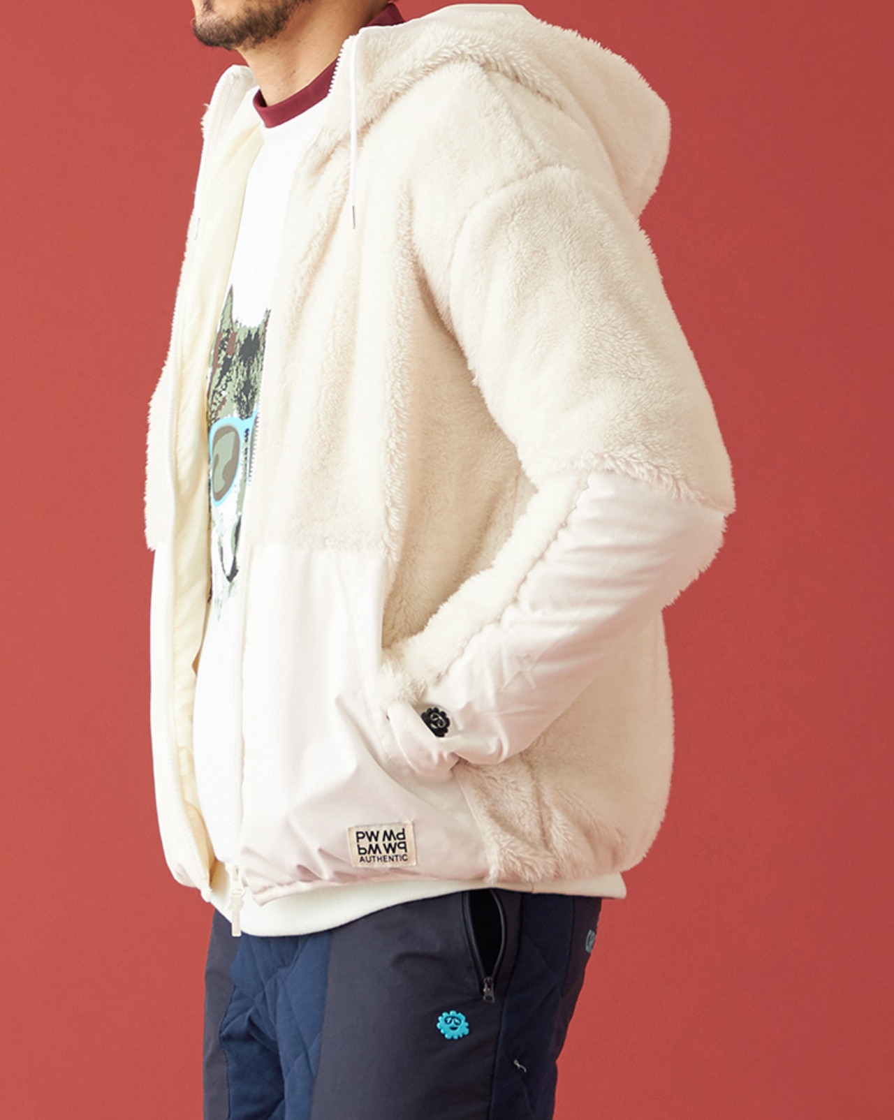 PW,PWCIRCULUS,ピーダブ,PW,ゴルフアウター,おススメ,MENS,ジャケット,ブルゾン,ファーブルゾン,刺繍,フーディ,防寒,冬ゴルフ,異素材,ホワイト,オフ