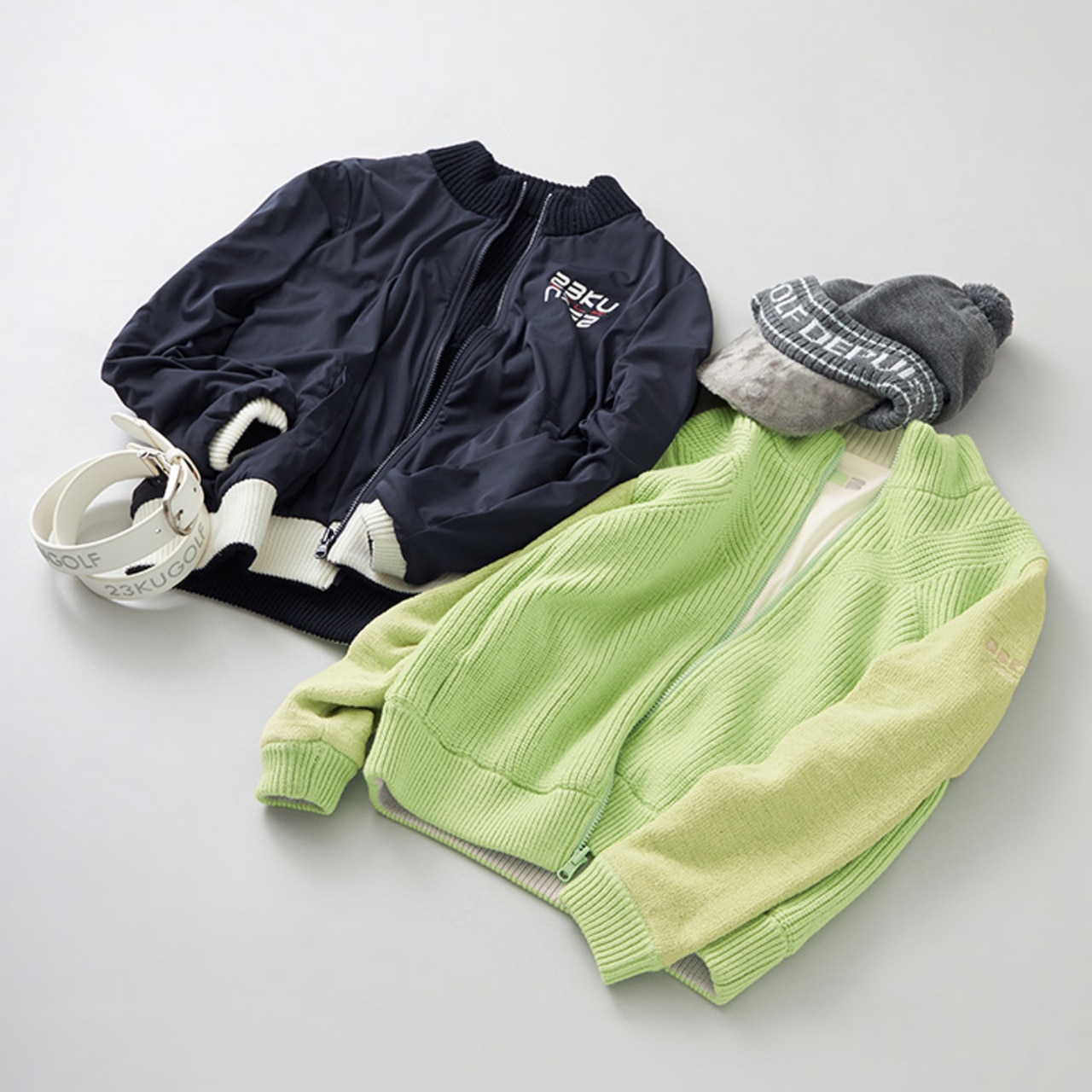 23区GOLF,ゴルフアウター,おススメ,WOMENS,LADIES,リバーシブル,ニット,ジャケット,ブルゾン,防寒,冬ゴルフ,ホワイト,ネイビー,色違い