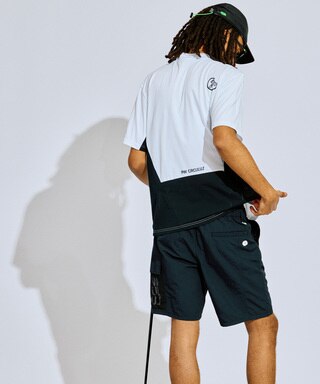 PWCIRCULUS,ピーダブ,PW,ゴルフウエア,MENS,ゴルフ,速乾,UV,ストレッチ,KHPNGM0505,メッシュ切替,モデル着用写真,ホワイト