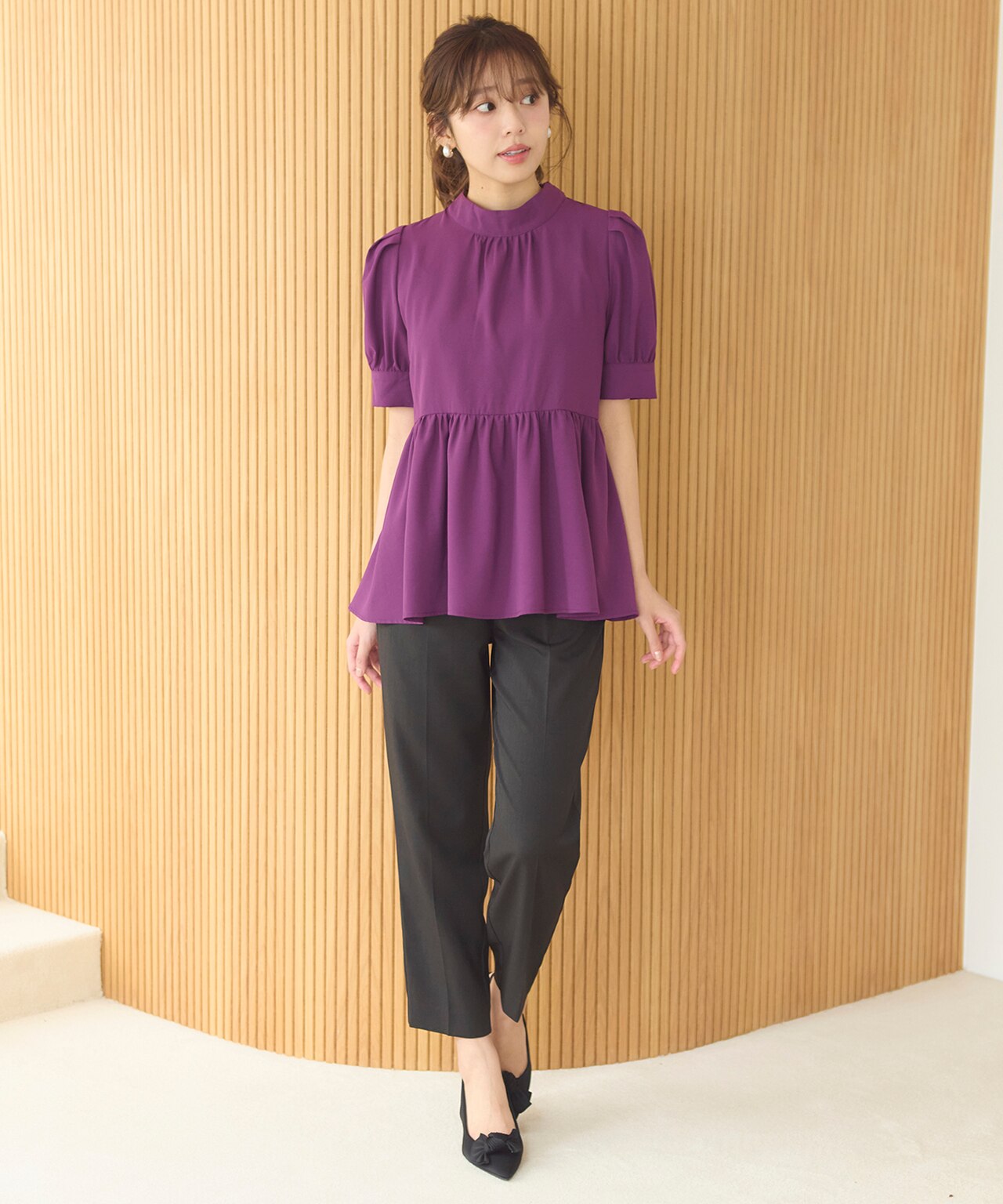 【洗える】ペプラム ボウタイブラウス