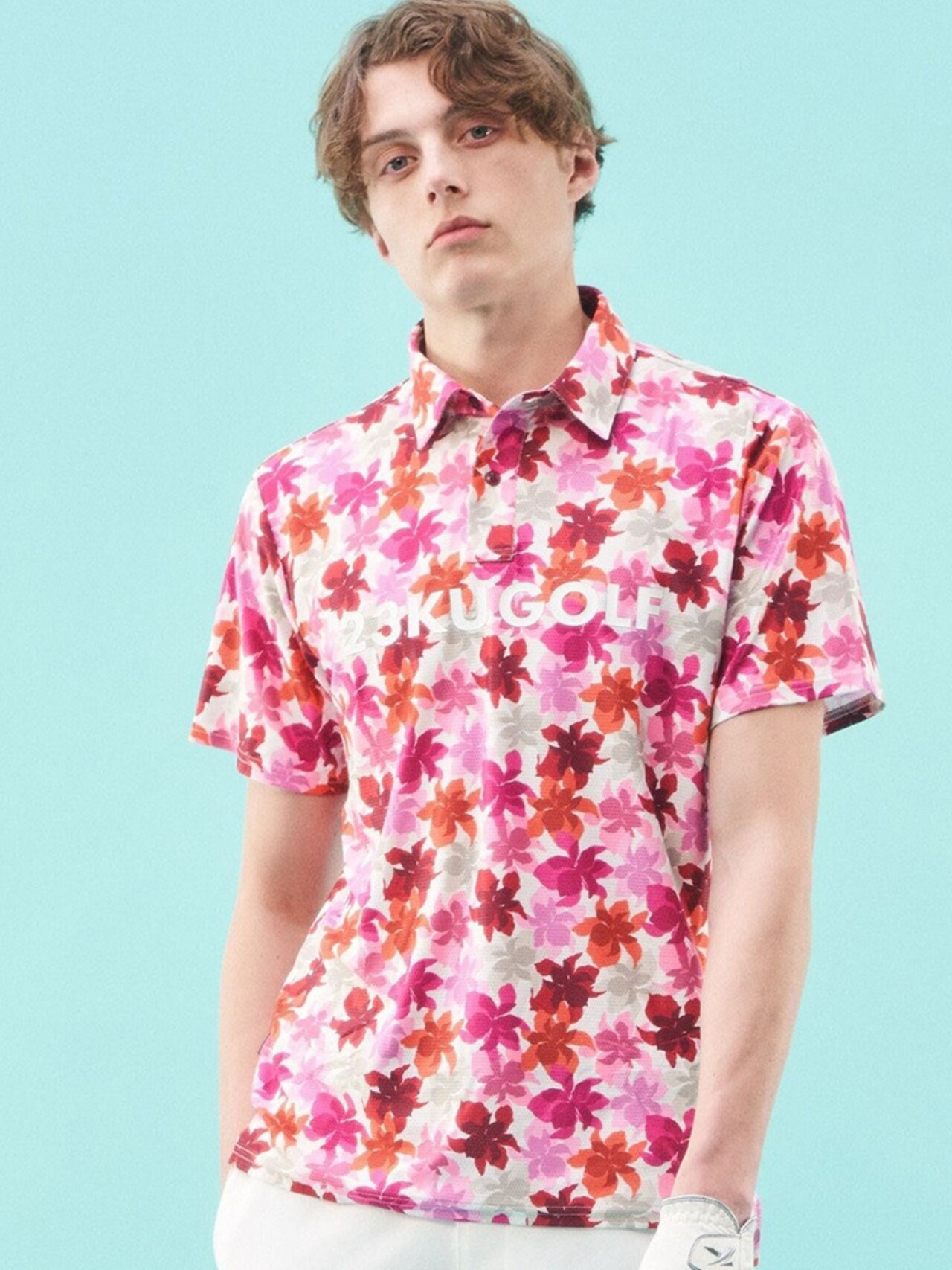 草花柄プリントポロシャツ