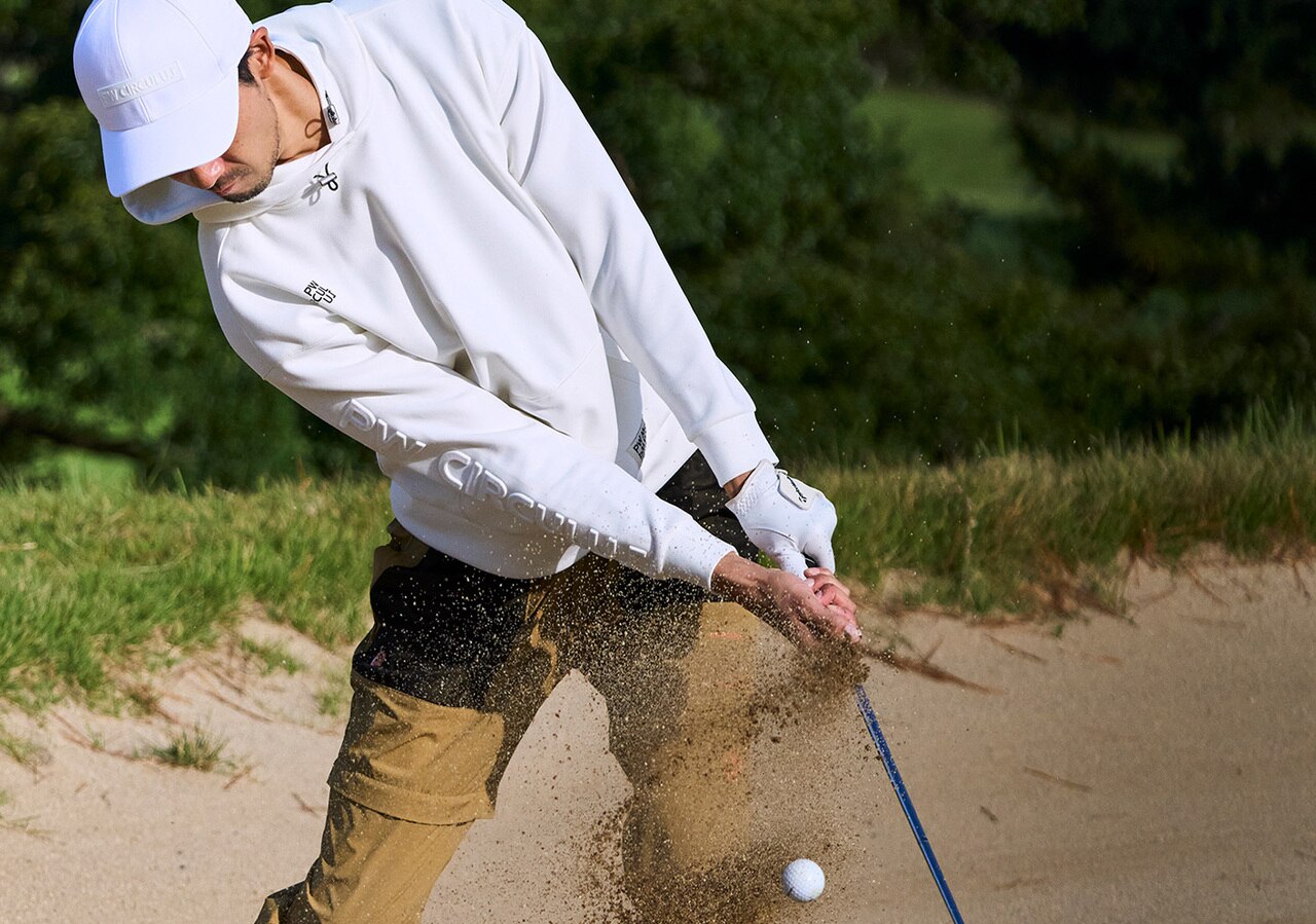 PWCIRCULUS,ゴルフウエア,気温別コーディネートの画像,そろそろ準備15℃~10℃コーデ2,メンズコーディネート,バンカーショット