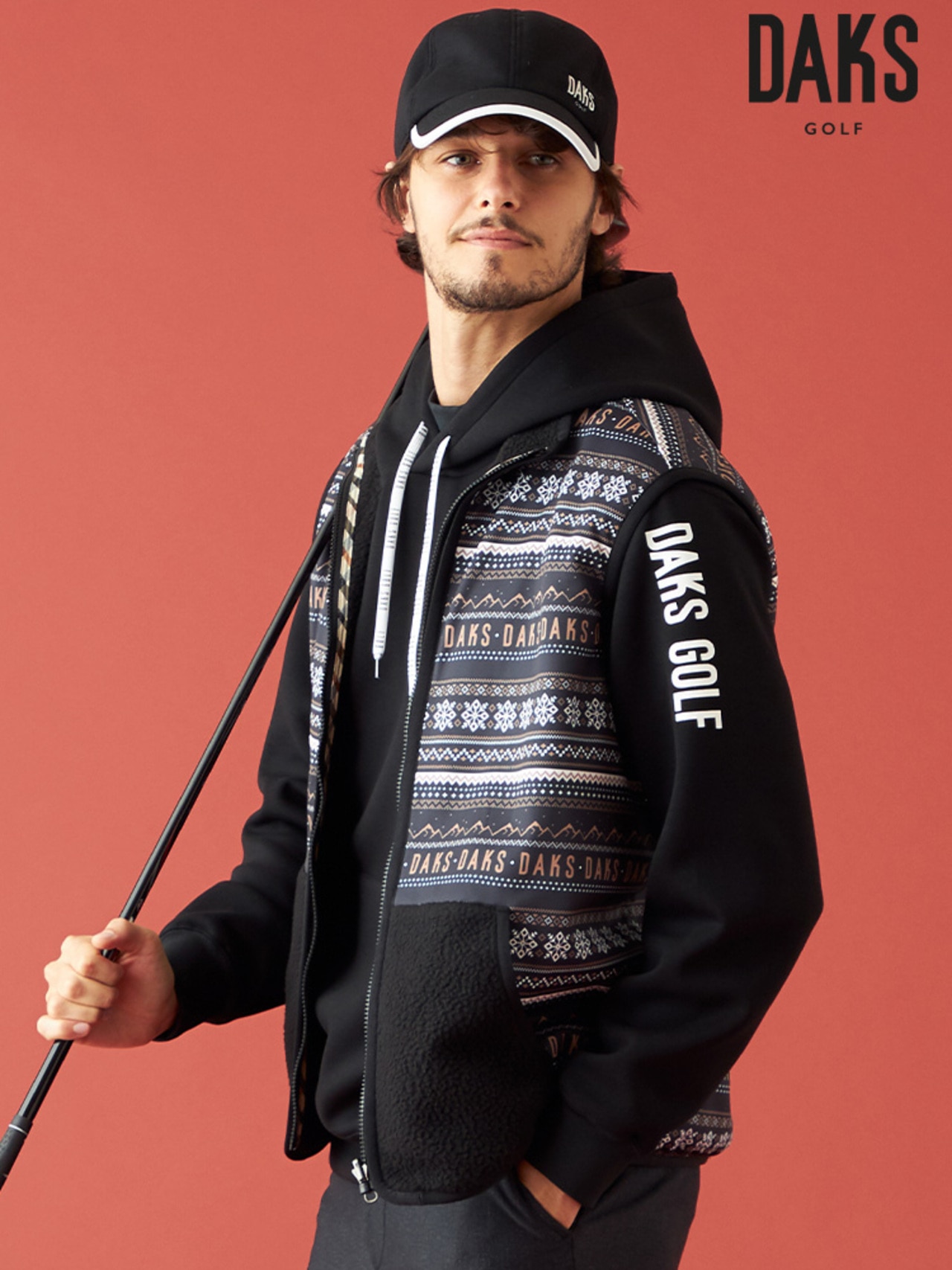 DAKSGOLF,ゴルフアウター,MENS,メンズ,リバーシブル,ジャケット,ベスト,防寒,冬ゴルフ,ブラック,柄