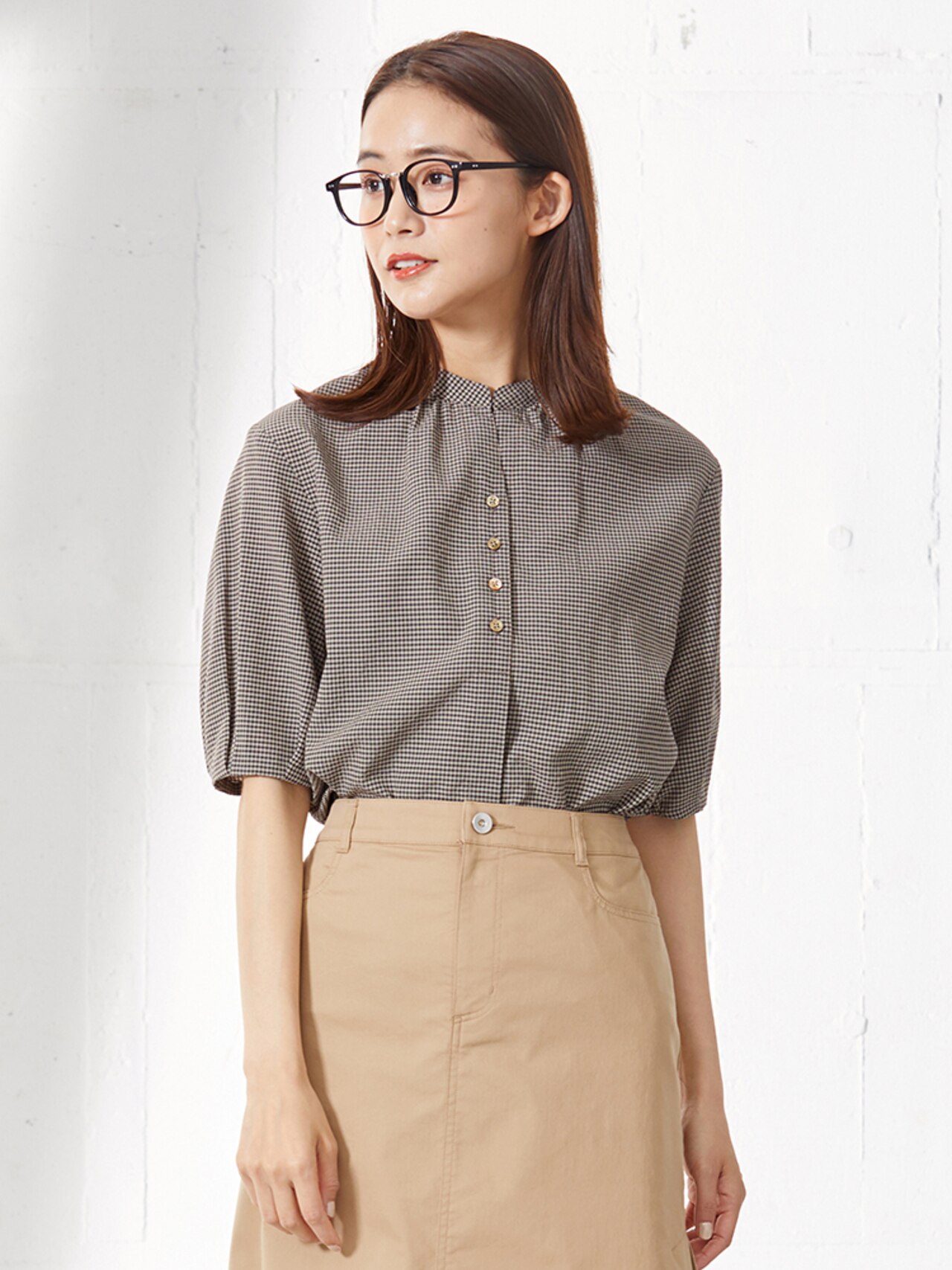 ギンガムチェック スタンドカラーブラウス