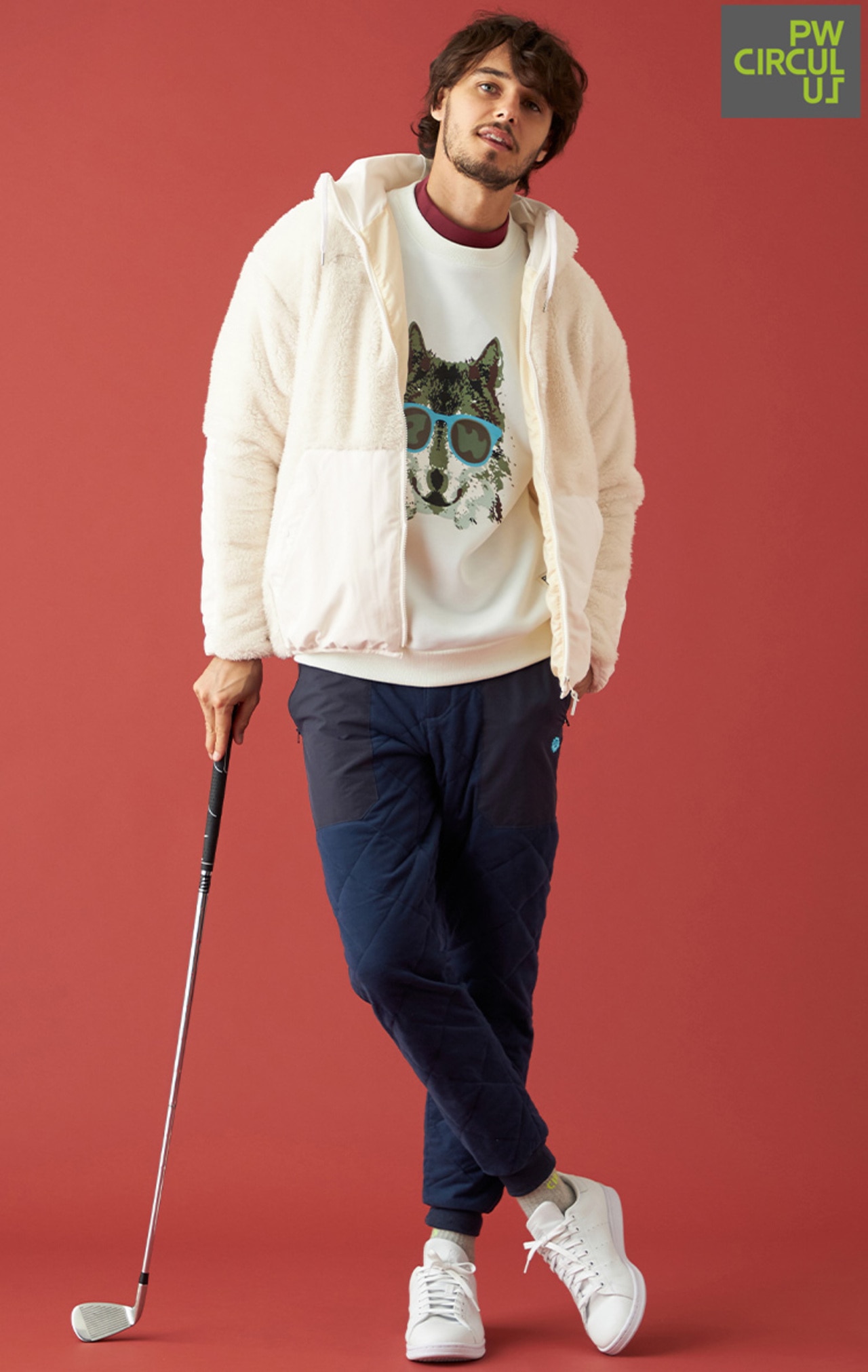 PW,PWCIRCULUS,ピーダブ,PW,ゴルフアウター,おススメ,MENS,ジャケット,ブルゾン,ファーブルゾン,刺繍,フーディ,防寒,冬ゴルフ,異素材,ホワイト,オフ