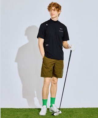 PWCIRCULUS,ピーダブ,PW,ゴルフウエア,MENS,ゴルフ,速乾,UV,ストレッチ,KHPNGM0505,メッシュ切替,モデル着用写真,ブラック