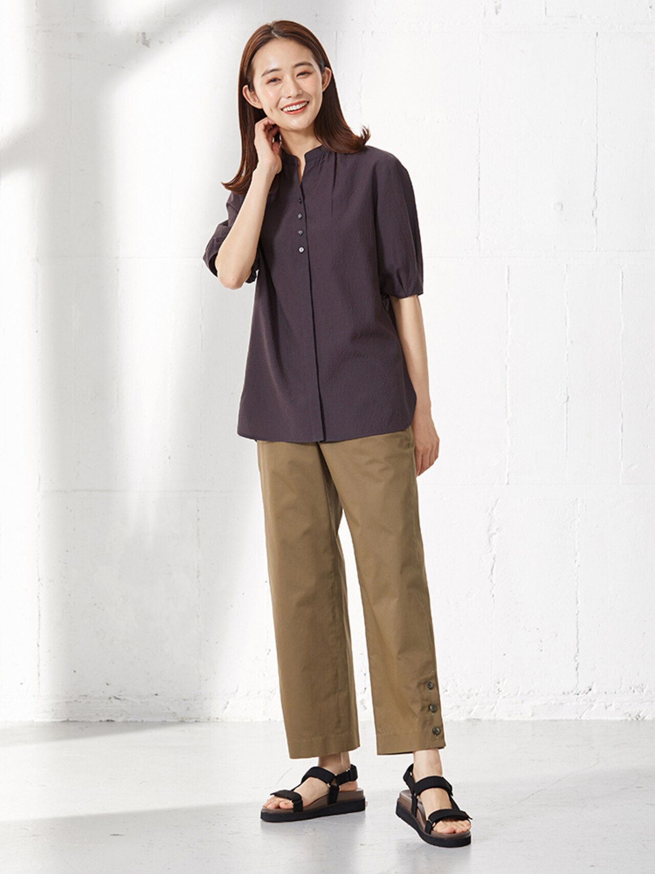 ギンガムチェック スタンドカラーブラウス