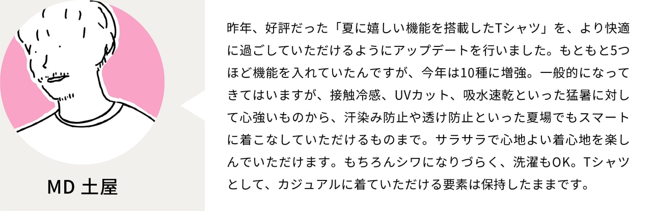 昨年、好評だった「夏に嬉しい機能を搭載したTシャツ」を、より快適に過ごしていただけるようにアップデートを行いました。もともと5つほど機能を入れていたんですが、今年は10種に増強。一般的になってきてはいますが、接触冷感、UVカット、吸水速乾といった猛暑に対して心強いものから、汗染み防止や透け防止といった夏場でもスマートに着こなしていただけるものまで。サラサラで心地よい着心地を楽しんでいただけます。もちろんシワになりづらく、洗濯もOK。Tシャツとして、カジュアルに着ていただける要素は保持したままです。